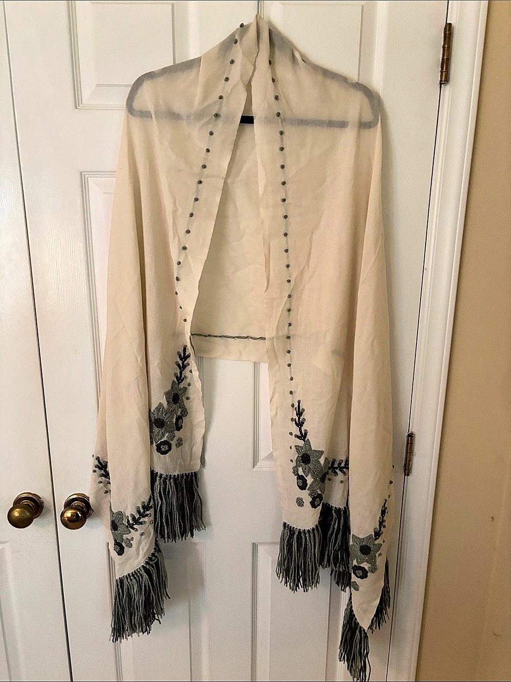 Embroidered Fringe Wrap in Cream & Gray